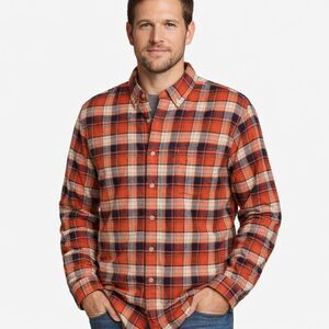 Eddie Bauer Plaid Button Up Flannel Shirt Mens Sz L TALL Orange Navy Relaxed Fit